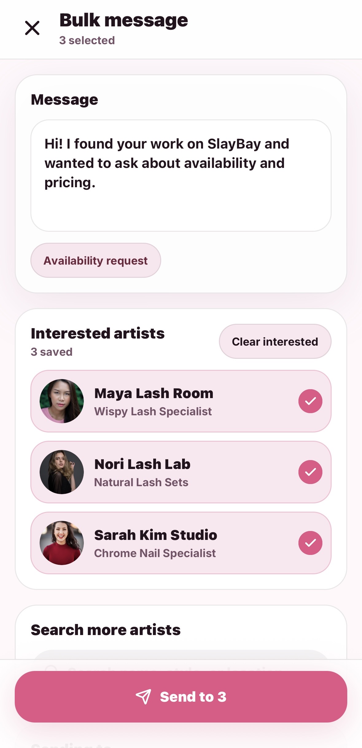 Bulk message multiple artists in SlayBay