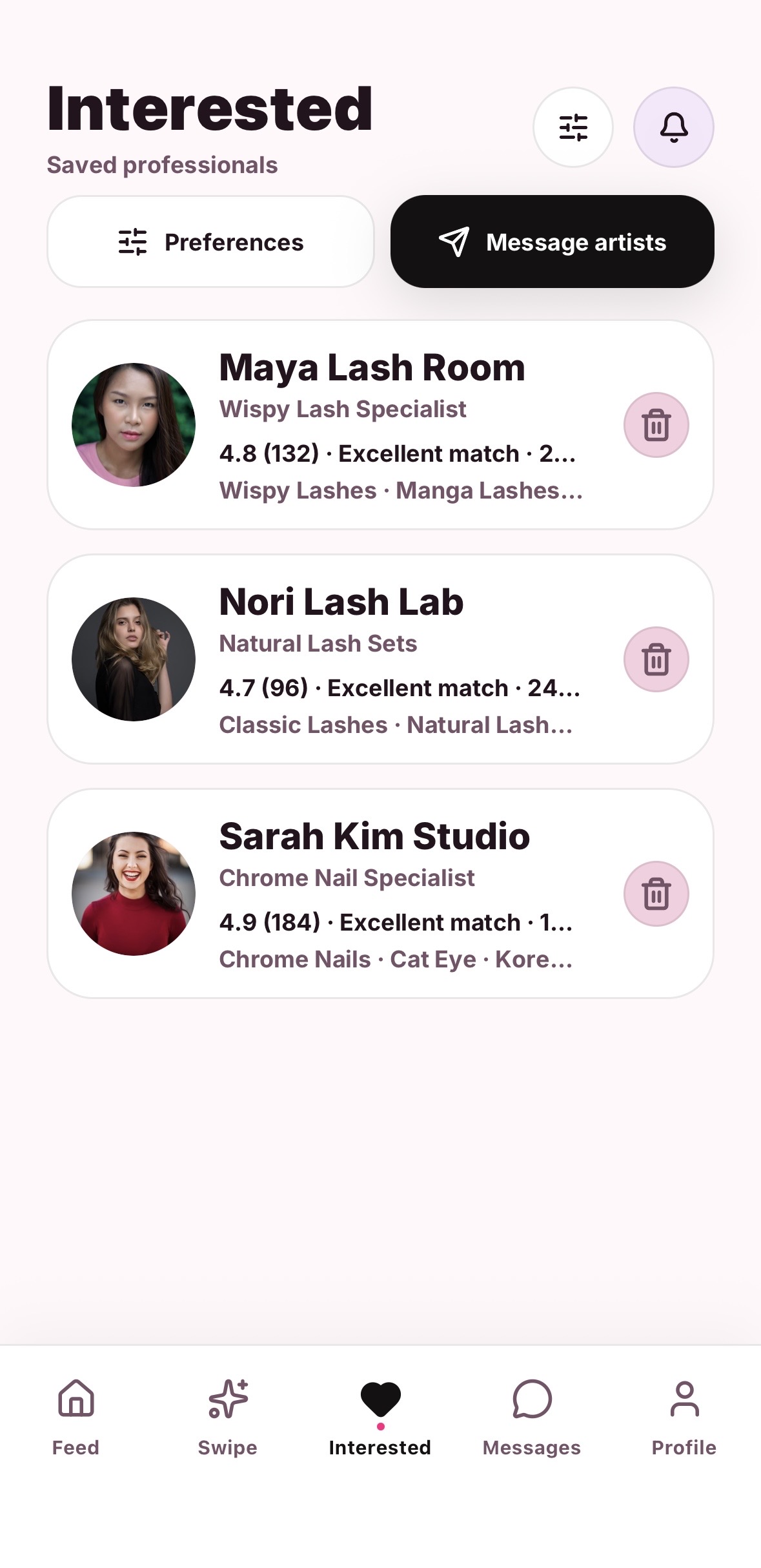 Saved interested artists list